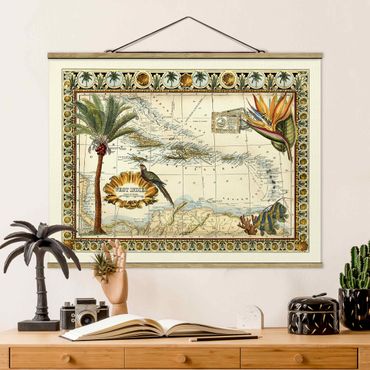 Stoffbild mit Posterleisten - Vintage Tropische Landkarte West Indien - Querformat 4:3
