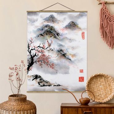 Stoffbild mit Posterleisten - Japanische Aquarell Zeichnung Kirschbaum und Berge - Hochformat 3:4