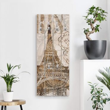 Wandgarderobe Holz - Shabby Chic Collage - Paris - Haken chrom Hochformat