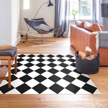 Vinyl-Teppich - Geometrisches Muster gedrehtes Schachbrett Schwarz Weiß - Quadrat 1:1