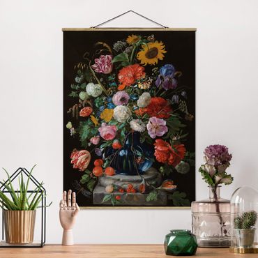 Stoffbild mit Posterleisten - Jan Davidsz de Heem - Glasvase mit Blumen - Hochformat 3:4