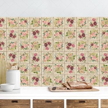 Küchenrückwand - Vintage Rosen und Hortensien