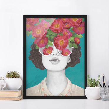 Bild mit Rahmen - Illustration Portrait Frau Collage mit Blumen Brille - Hochformat 4:3