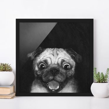 Bild mit Rahmen - Illustration Hund Mops Malerei auf Schwarz Weiß - Quadrat 1:1