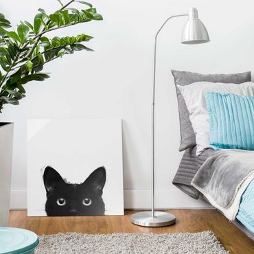Glasbild - Illustration Schwarze Katze auf Weiß Malerei - Quadrat 1:1