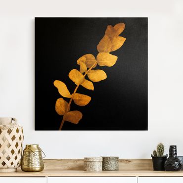 Leinwandbild Gold - Gold - Eukalyptus auf Schwarz - Quadrat 1:1