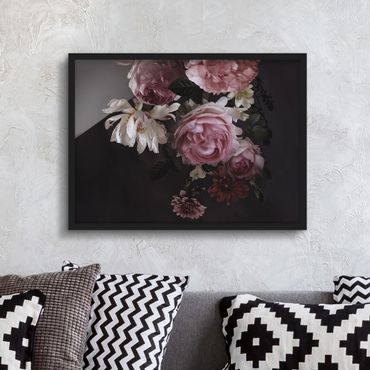 Bild mit Rahmen - Rosa Blumen auf Schwarz - Querformat 3:4