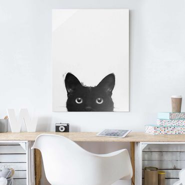 Glasbild - Illustration Schwarze Katze auf Weiß Malerei - Hochformat 4:3
