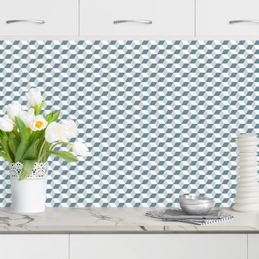 Küchenrückwand - Geometrischer Fliesenmix Würfel Blaugrau