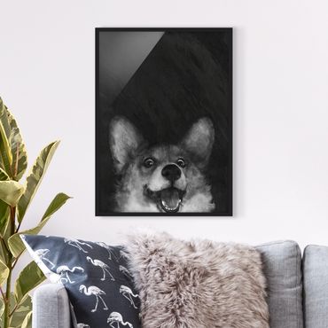 Bild mit Rahmen - Illustration Hund Corgi Malerei Schwarz Weiß - Hochformat 4:3