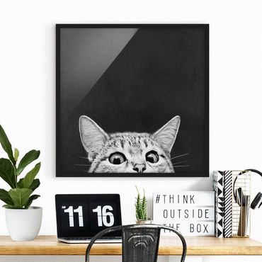 Bild mit Rahmen - Illustration Katze Schwarz Weiß Zeichnung - Quadrat 1:1