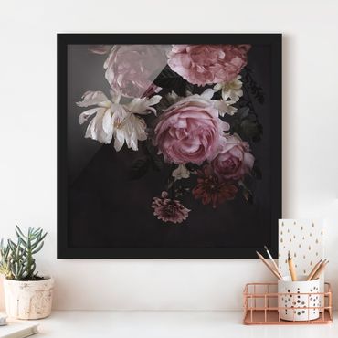 Bild mit Rahmen - Rosa Blumen auf Schwarz - Quadrat 1:1