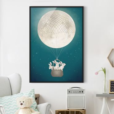 Bild mit Rahmen - Illustration Hasen Mond-Heißluftballon Sternenhimmel - Hochformat 4:3