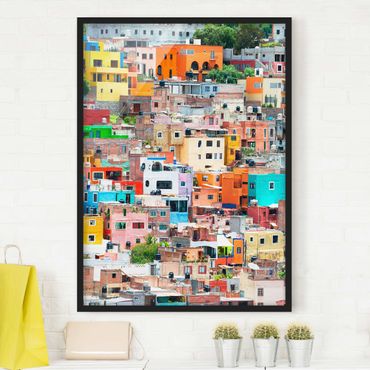 Bild mit Rahmen - Farbige Häuserfront Guanajuato - Hochformat 3:4