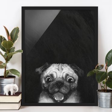 Bild mit Rahmen - Illustration Hund Mops Malerei auf Schwarz Weiß - Hochformat 4:3