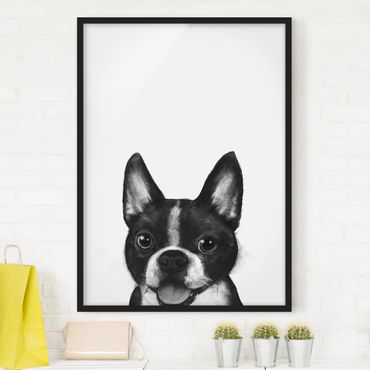 Bild mit Rahmen - Illustration Hund Boston Schwarz Weiß Malerei - Hochformat 4:3