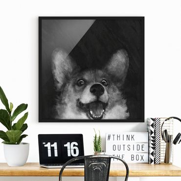 Bild mit Rahmen - Illustration Hund Corgi Malerei Schwarz Weiß - Quadrat 1:1