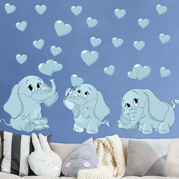 Wandtattoo - Drei blaue Elefantenbabies mit Herzen