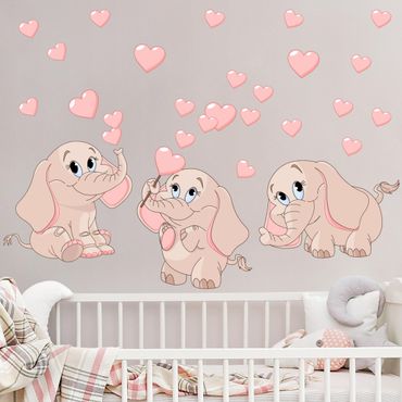 Wandtattoo - Drei rosa Elefantenbabies mit Herzen