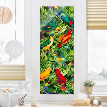 Glasbild - Bunte Collage - Papageien im Dschungel - Panel
