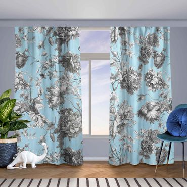 Vorhang - Floraler Kupferstich Graublau
