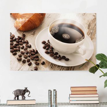 Glasbild - Dampfende Kaffeetasse mit Kaffeebohnen - Quer 3:2