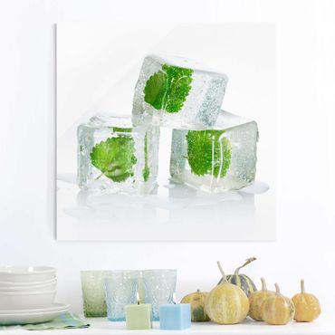 Glasbild - Drei Eiswürfel mit Melisse - Quadrat 1:1