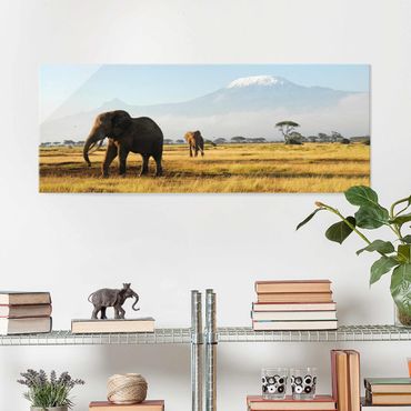 Glasbild - Elefanten vor dem Kilimanjaro in Kenya - Panorama Quer
