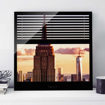 Glasbild - Fensterblick Jalousie - Empire State Building New York - Quadrat 1:1
