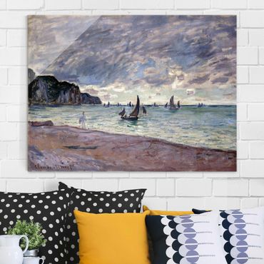 Glasbild - Kunstdruck Claude Monet - Fischerboote vor der Küste und den Felsen von Pourville - Impressionismus Quer 4:3