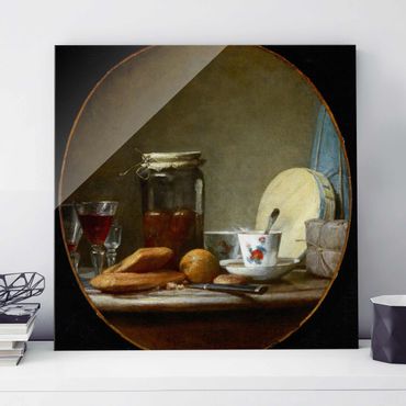 Glasbild - Kunstdruck Jean-Baptiste Siméon Chardin - Glas mit Aprikosen - Quadrat 1:1