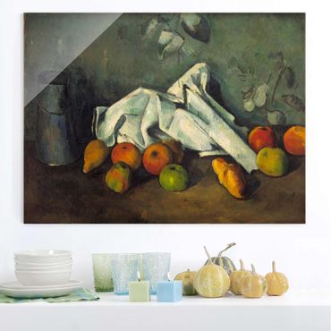 Glasbild - Kunstdruck Paul Cézanne - Milchkanne und Äpfel - Impressionismus Quer 4:3