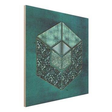 Holzbild - Blaues Hexagon mit Goldkontur - Quadrat 1:1