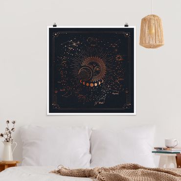 Poster - Astrologie Sonne Mond und Sterne Blau Gold - Quadrat 1:1