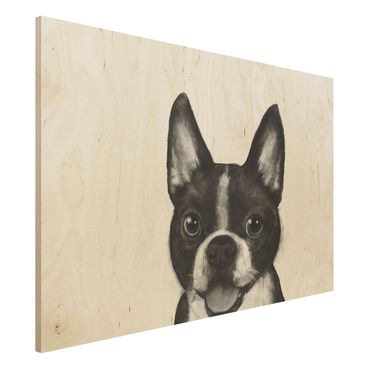 Holzbild - Illustration Hund Boston Schwarz Weiß Malerei - Querformat 2:3