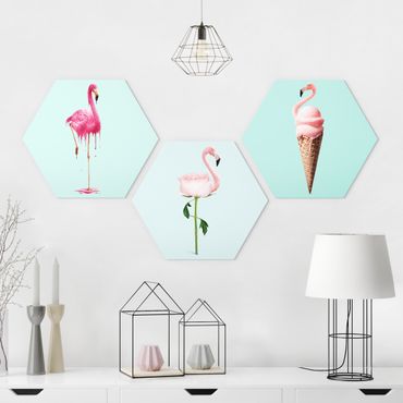 Hexagon Bild Forex 3-teilig - Jonas Loose - Flamingo Set