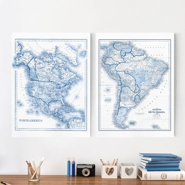 Leinwandbild 2-teilig - Karten in Blautönen Nord- und Südamerika Set I - Hoch 4:3