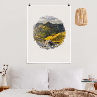 Poster - Wasserfarben - Berge und Tal der Lechtaler Alpen in Tirol - Hochformat 4:3