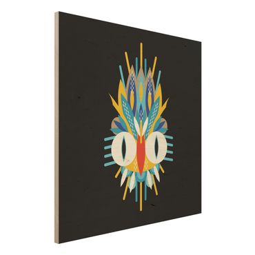 Holzbild - Collage Ethno Maske - Vogel Federn - Quadrat 1:1