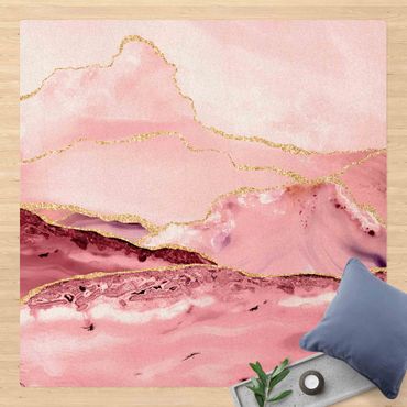 Kork-Teppich - Abstrakte Berge Rosa mit Goldenen Linien - Quadrat 1:1