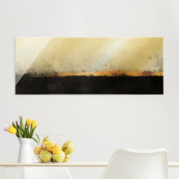 Glasbild - Abstrakter Goldener Horizont Schwarz Weiß - Panorama 5:2