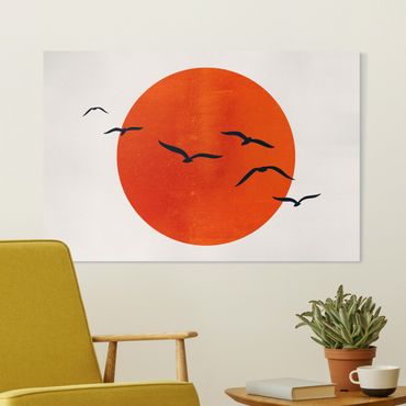 Leinwandbild - Vogelschwarm vor roter Sonne I - Querformat 2:3
