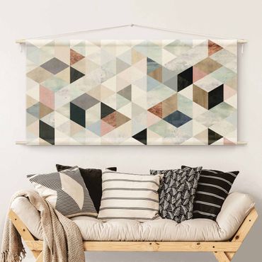 Wandteppich - Aquarell-Mosaik mit Dreiecken I - Querformat 2:1