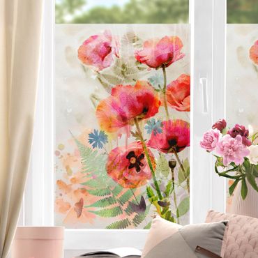 Fensterfolie - Sichtschutz - Aquarell Blumen Mohn - Fensterbilder