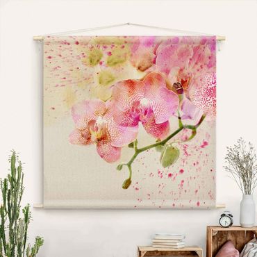 Wandteppich - Aquarell Blumen Orchideen - Quadrat 1:1