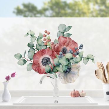 Fensterfolie - Sichtschutz - Aquarell Eukalyptus Anemonen Bouquet - Fensterbilder