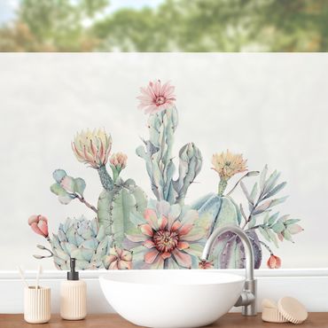 Fensterfolie - Sichtschutz - Aquarell Kaktus Blüte Bouquet - Fensterbilder