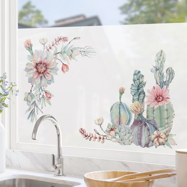 Fensterfolie - Sichtschutz - Aquarell Kaktus Blüte Ornament - Fensterbilder