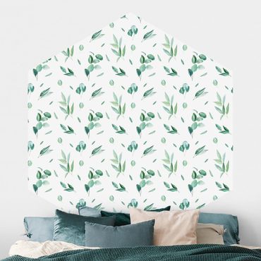Hexagon Mustertapete selbstklebend - Aquarell Muster Blätter und Eukalyptus