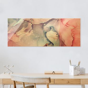 Glasbild - Aquarell Pastell Rosa mit Gold - Panorama 5:2